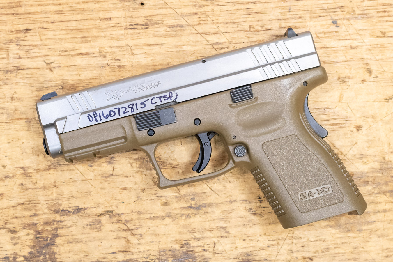 Springfield XD-45 45 ACP Compact Police Trade-in Pistol with FDE Frame and Silver Slide (No Springfield XD-45 45 ACP Compact Police Trade-in Pistol with FDE Frame and Silver Slide (No - Pistols - Sunshine Gun Shop